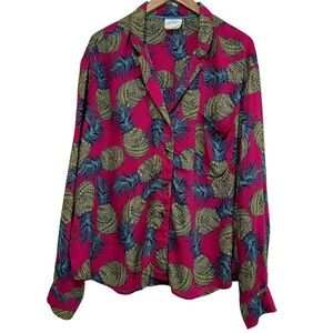 Anthropologie Janine Lecour Pineapple Print Buttondown Shirt Pink XL